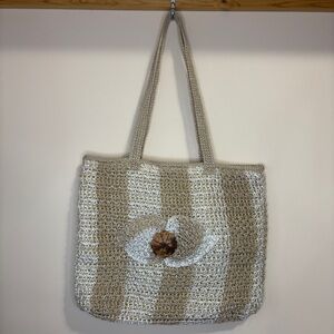 Handmade Philippines Striped Crochet Plastic Flower Tote Bag Wood Detail